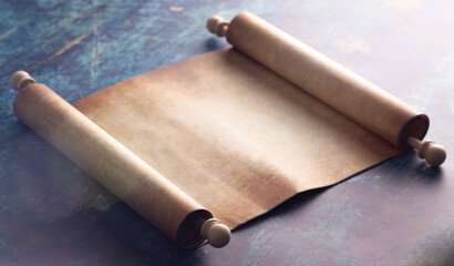 Open Blank Scroll on a Blue Rustic Wooden Table