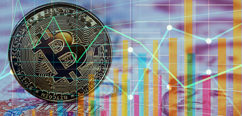 conceptual image stock exchange with lines and graphs, with digital bitcoin currency, and chinese yuan banknotes in the background