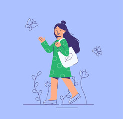 Girl going with eco bag, waving her hand. Concept zero waste. Vector Illustration in flat style.