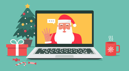 Santa Claus hand greeting via video calling on the laptop for online Christmas and holiday celebration, cartoon character vector flat illustration