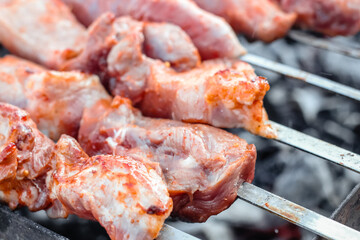 Close up of pieces of pork on skewers fried on the grill.