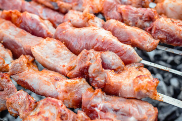 Close up of pieces of pork on skewers fried on the grill.