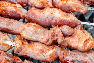 Close up of pieces of pork on skewers fried on the grill.