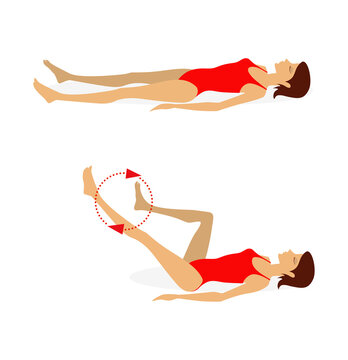 Girl in a swimsuit lying  on the floor does exercises to strengthen the muscles of the abdominal press, back and legs. Illustration isolated on white background