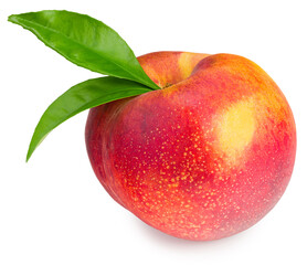 peach fruit with green leaf isolated on white background. full depth of field