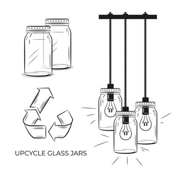 A Lamp Made Of Empty Glass Jars. Upcycle Glass Jars.  Vector Isolated On A White Background.