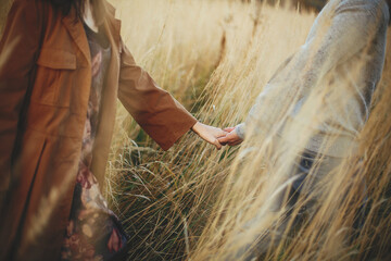 Sensual couple gently holding hands and walking among autumn grass and herbs in sunset