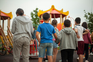 Children are playing outside. Children's games on the playground. Many children in the summer.