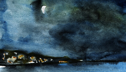 Hand Painted Coastal City at Night