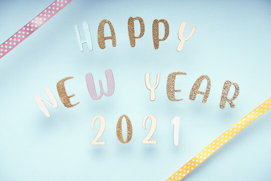 Naklejki Happy New Year minimal pastel greeting card , frame, banner with holidays decorations.