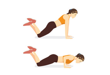 Woman doing exercise with Knee Push Up in 2 steps. Cartoon for workout diagram in exercise posture for flat abs.