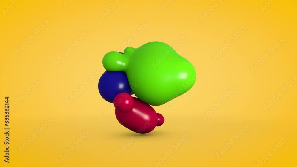 Poster 3d animation of multi-colored drops on a yellow background that move and merge with each other.