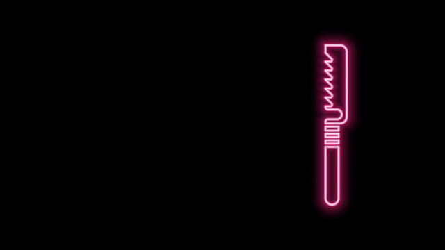 Glowing neon line Medical saw icon isolated on black background. Surgical saw designed for bone cutting limb amputations and before bone grafting. 4K Video motion graphic animation