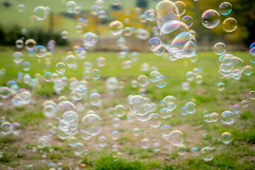 Image of soap bubbles on a sunny day on a green meadow. Background.