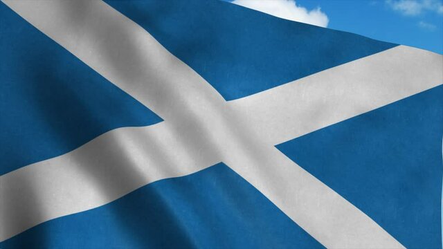 Scotland flag waving in the wind, blue sky background. 4K