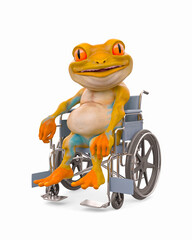 little frog cartoon is riding a wheelchair