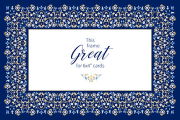 Vector blue frame, vignette, border, card design template. Elements in Eastern style. Floral borders, premade card. Arabic ornament. Isolated ornaments. Ornamental decoration for invitations, cards.