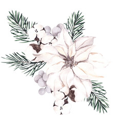 Watercolor Christmas bouquets with winter flowers, leaves, branches on tree, berries, cotton and cones, isolated on white background
