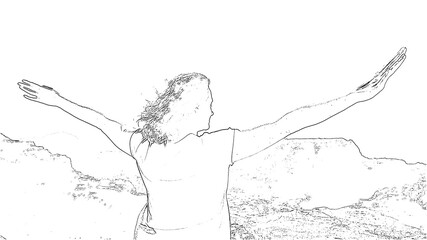 woman standing at point view in the middle of mountains raise up hands, inspirational view cartoon