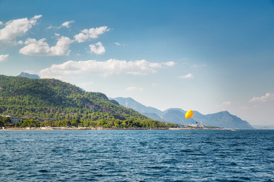 View from the sea to luxury hotels on the beach of Turkey, Kemer