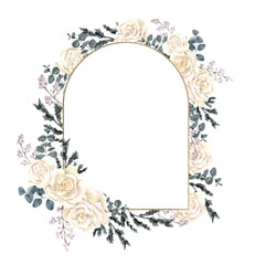 Watercolor Christmas illustration with flowers, leaves, berries, fruits and branch, isolated on white background