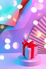 Gift box with red ribbon on trendy neon color background. zero gravity. levitation. copyspace. Concept sales, discount price, christmas presents and shopping.