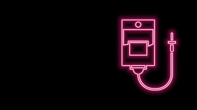 Glowing neon line IV bag icon isolated on black background. Blood bag. Donate blood concept. The concept of treatment and therapy, chemotherapy. 4K Video motion graphic animation