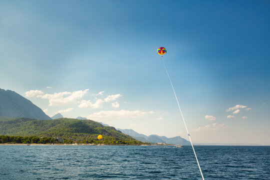 View from the sea to luxury hotels on the beach of Turkey, Kemer