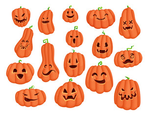 Halloween party pumpkin cartoon character sticker set. Scary Jack o Lantern vector design collection with evil eyes and smile face. Creepy graphics for tradirional holiday card and print design.