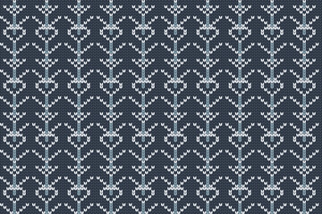 Christmas and Winter holiday knitting pattern for plaid, sweater design. Seamless pattern in blue, white colors.