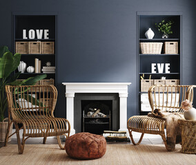 Eclectic home interior in classic blue color, 3d render