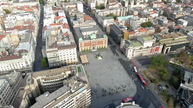 Aerial view of the Republic Square in Belgrade downtown of the Serbian capital city at sunset