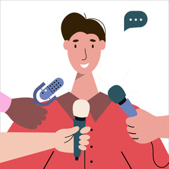 Smiling man giving an interview to the reporters. Broadcasting. Vector flat illustration