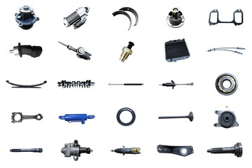 Lots of new car parts on an isolated white background. Autoshop.