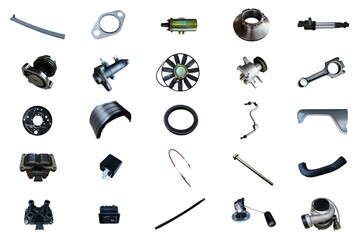Lots of new car parts on an isolated white background. Autoshop.