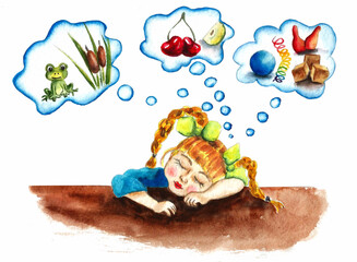 children's illustration. the girl is sleeping on the table