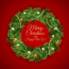 Holiday New Year and Merry Christmas Background with realistic Christmas wreath. Vector Illustration