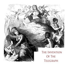 Beautiful typographic front chapter image about the invention of telegraph with people of different ethnic culture linked together with puttos