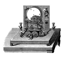 Vintage technology: detail of Wheatstone pointer telegraph from 1839 with a pointer indicating the transmitted letter from a mechanism of electrically driven needles