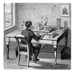 Vintage technology: Morse telegraph office station, employee working with the code - obrazy, fototapety, plakaty
