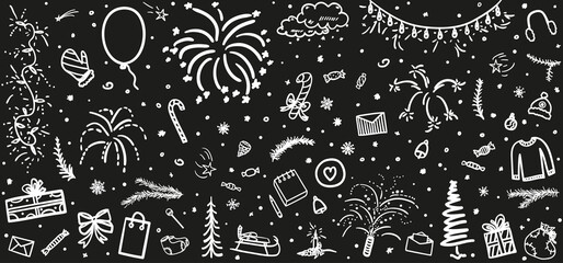 Background with hand drawn christmas elements. Abstract white holiday symbols on black. Black and white illustration