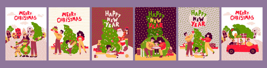 Cartoon Christmas cards Set, Vector illustration, poster. Merry christmas.