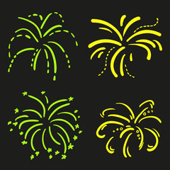 Fototapeta na wymiar Neon holiday fireworks on isolated black background. Hand drawn explosion