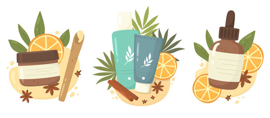 Set of cosmetics for skin care. Winter spices and orange. Vector illustration in flat style.