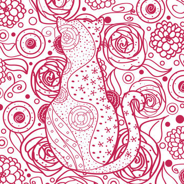 Square background with patterned cat. Hand drawn abstract patterns. Line art