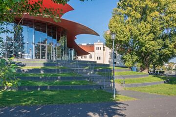 Quay of the Schiffbauergasse with the buildings of Hans Otto Theater and Chicory mill  in Potsdam, Germany