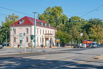 Naklejka premium Intersection of the Behlert and Berliner streets with Palais Ritz in Potsdam, Germany