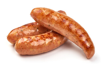 Grilled german bratwurst sausages, isolated on white background