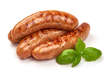 Grilled german bratwurst sausages, isolated on white background