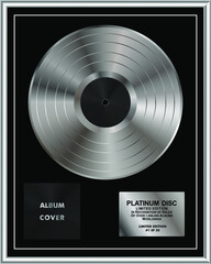 Platinum gramma disc limited edition. Platinum or Silver Vinyl or CD Prize Award with Label in Black and silver Frame. Vector Illustration.